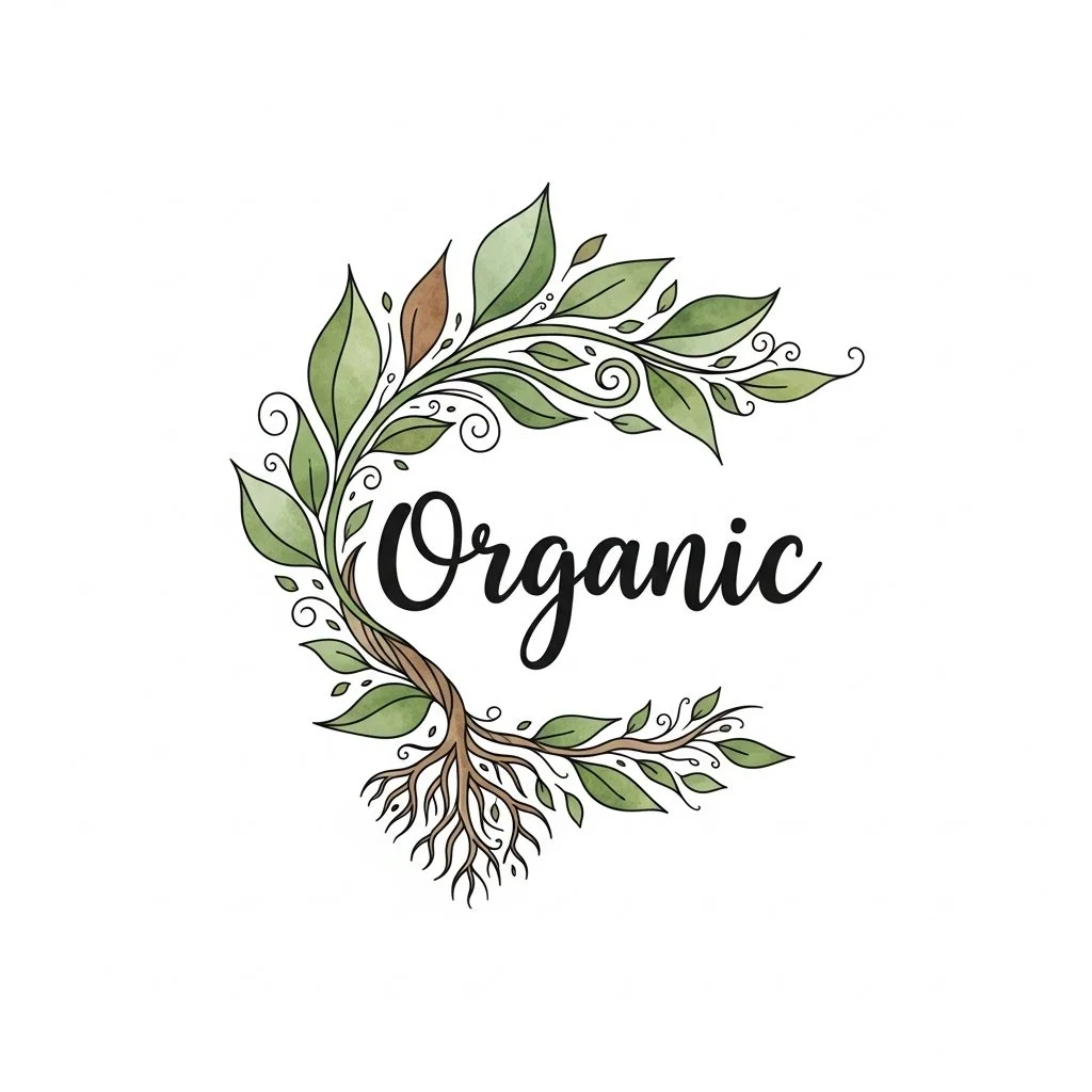 Illustration of a leafy tree branch with roots, surrounding the word 'Organic' in blackscript.
