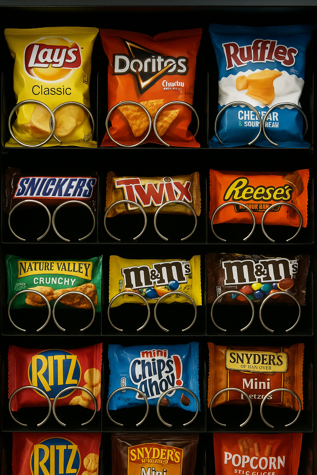 Vending machine with various snack bags including Lay's, Doritos, Ruffles, Snickers, Twix, Reese's, Nature Valley, M&M's, Ritz, Chips Ahoy!, Snyder's, and popcorn, organized in rows behind metal rings.