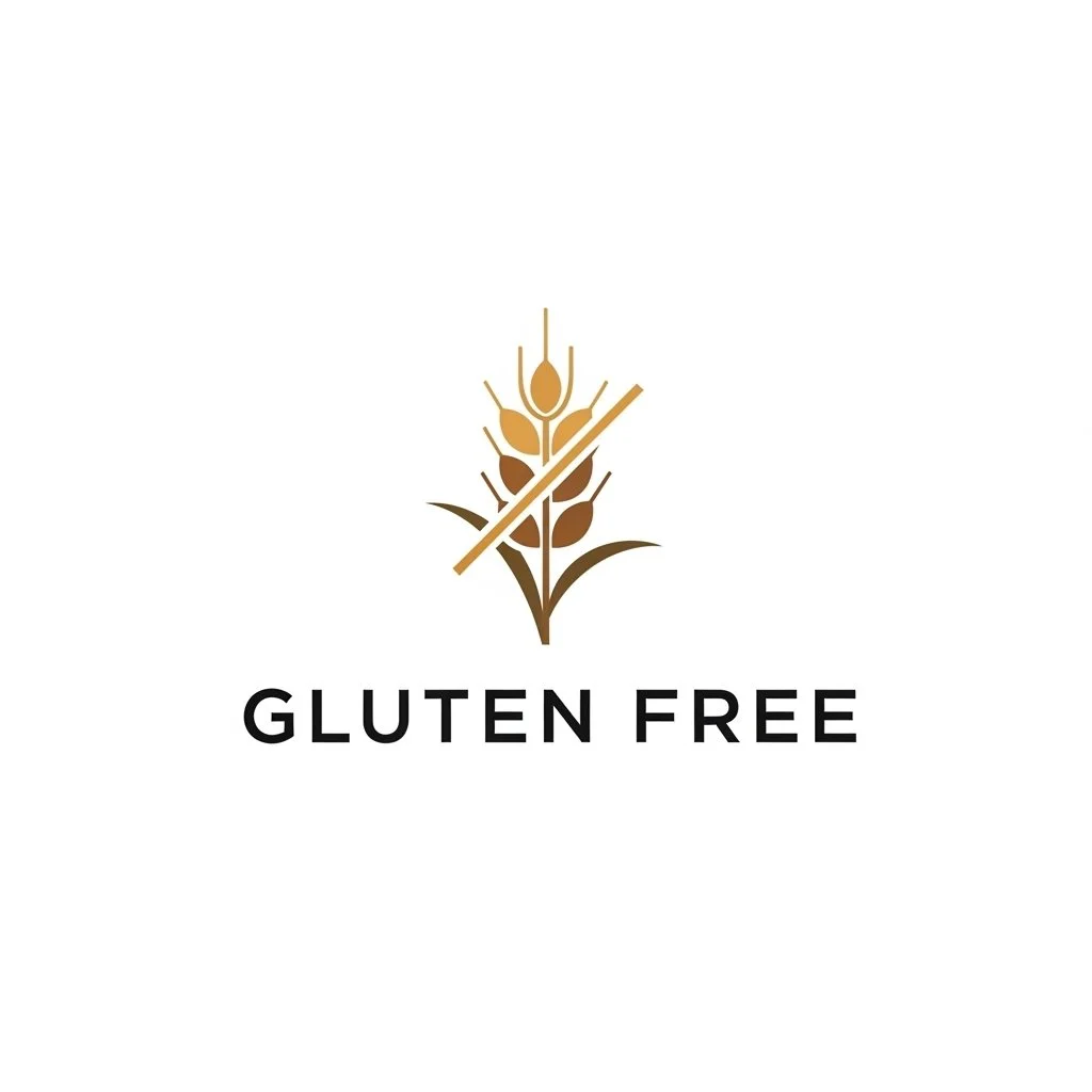 A logo with a stylized wheat stalk crossed with a diagonal line, and the text 'Gluten Free' underneath.