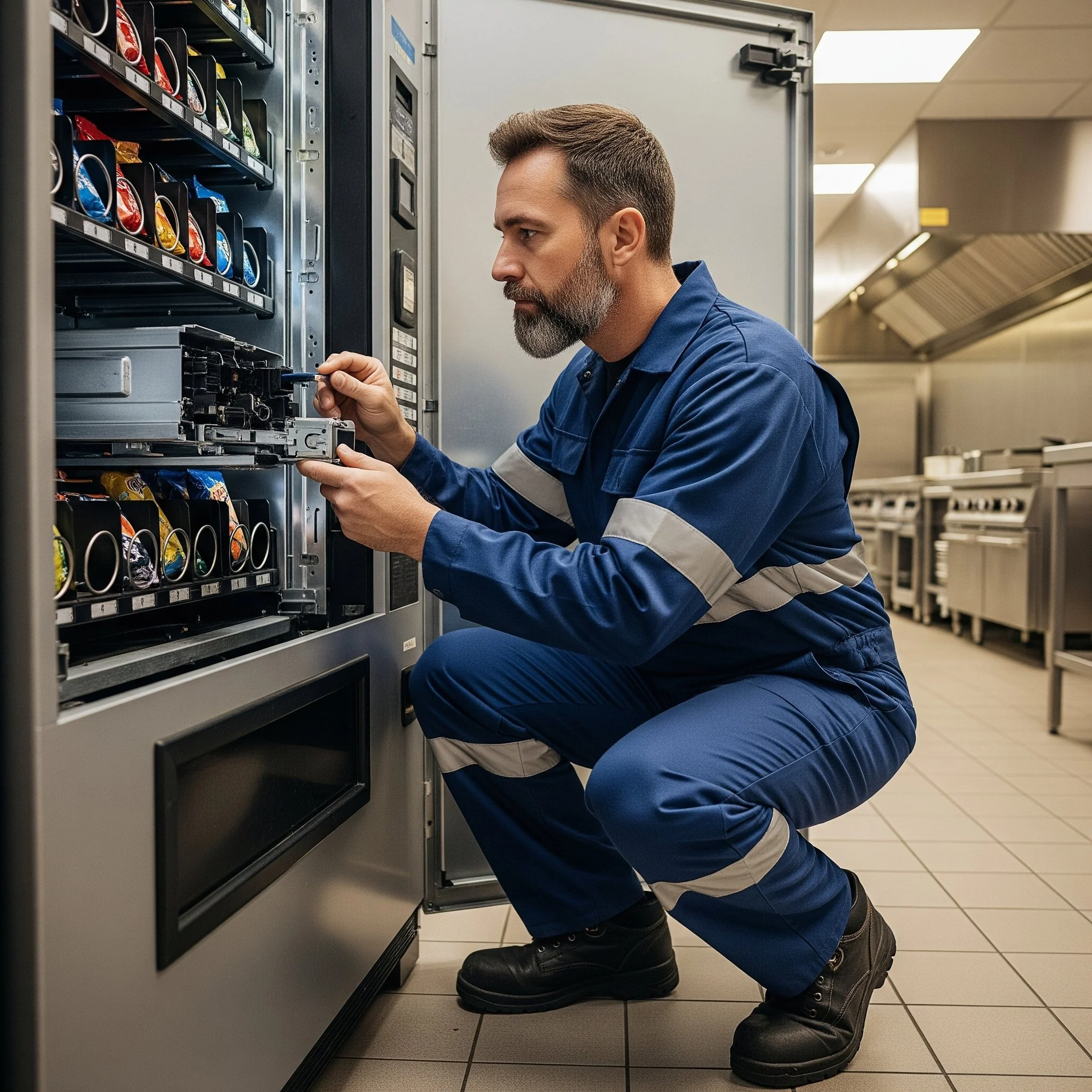 A technician in blue uniform kneels in front of a vending machine, inspecting or repairing it in a commercial kitchen with stainless steel appliances.
