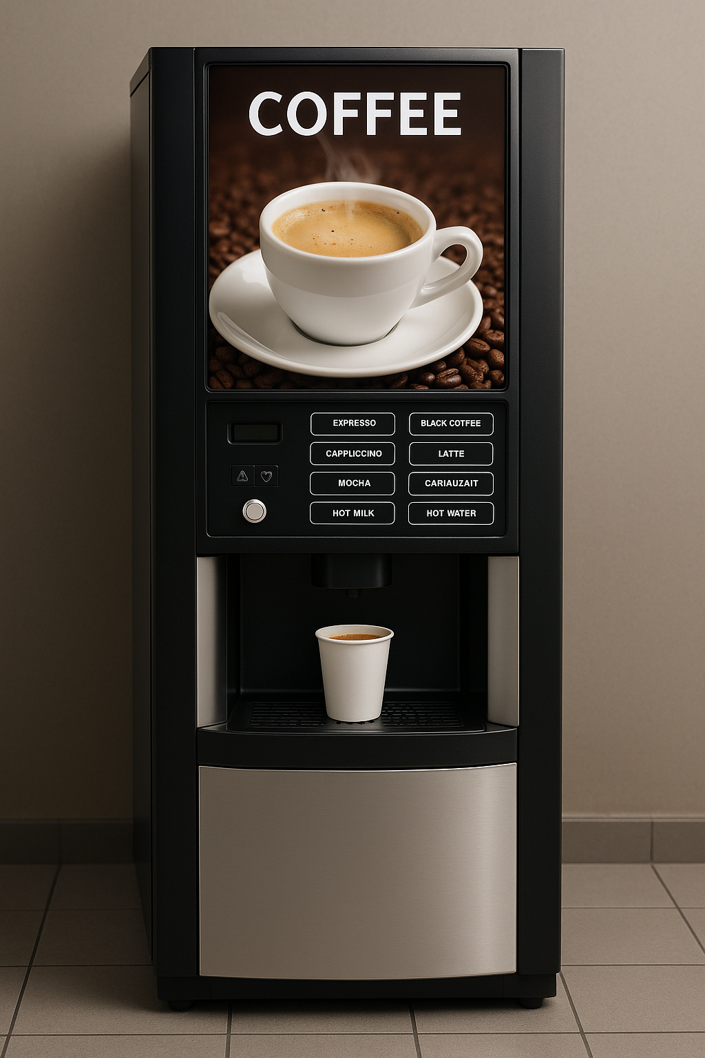 A coffee vending machine with a digital screen displaying a cup of coffee on a bed of coffee beans and the word 'COFFEE' above. The machine has buttons for different coffee options and a small space at the bottom with a white disposable cup filled with coffee.