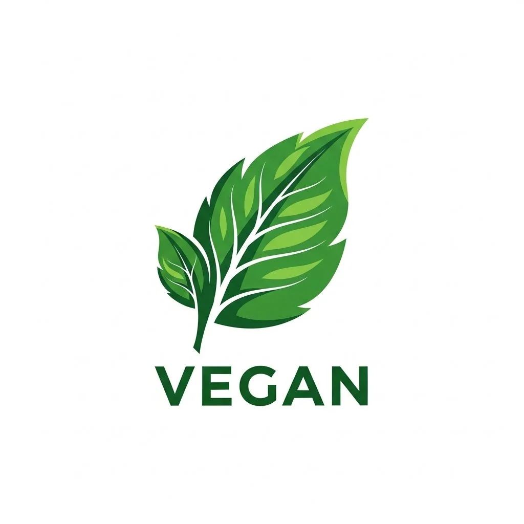 Green stylized leaf icon with the word 'VEGAN' underneath, indicating vegan-friendly or plant-based product or service.