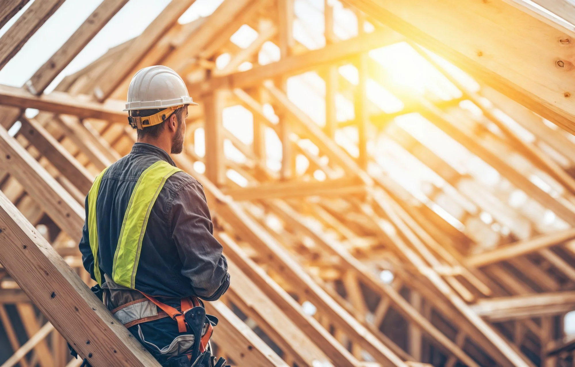 A construction worker wearing a white helmet and a yellow safety vest observes a wooden roof structure under construction, sunlight shining through.