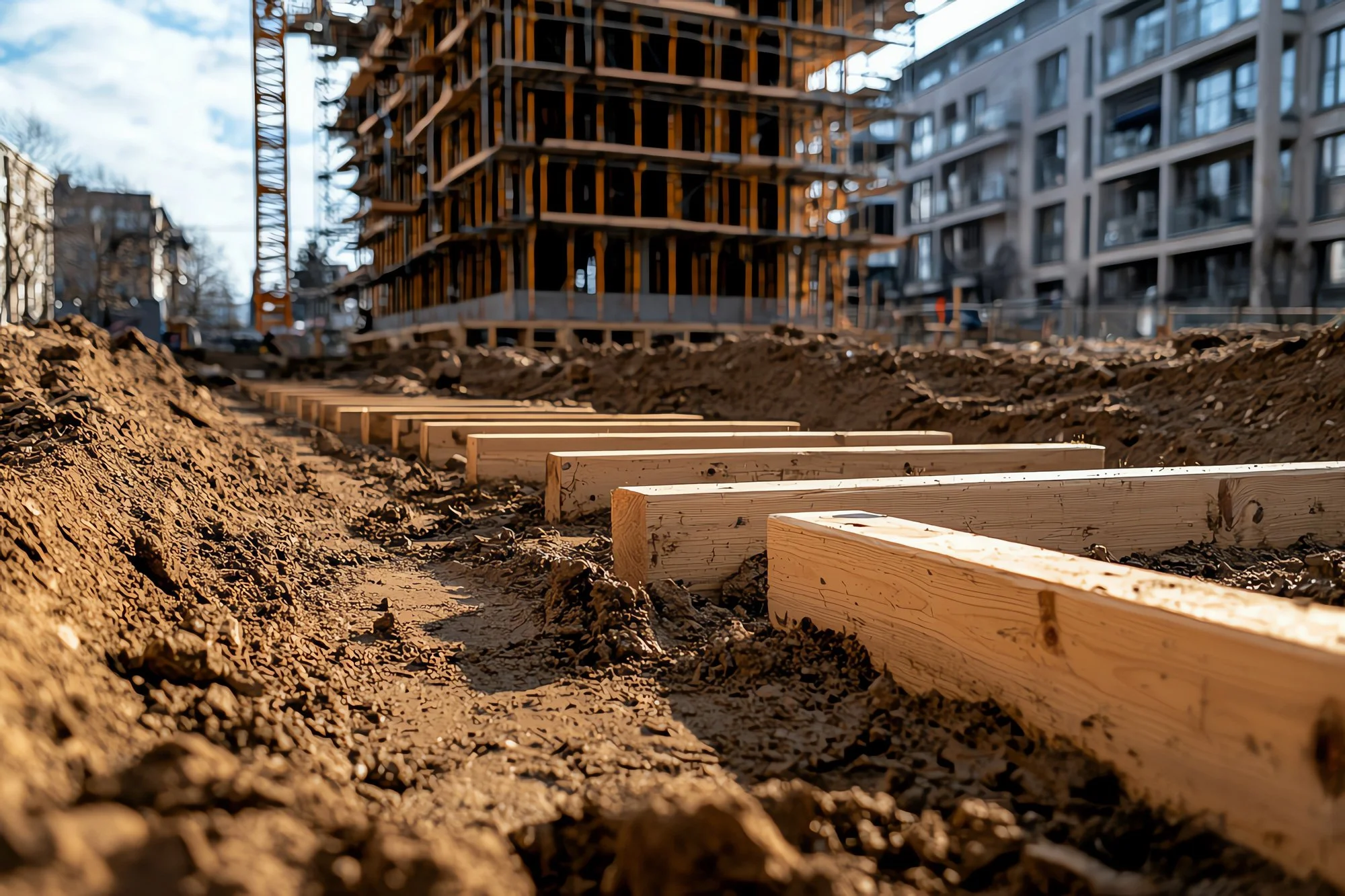 Building construction site with wooden beams laid out on the ground, with an unfinished multi-story building in the background and other residential buildings nearby.