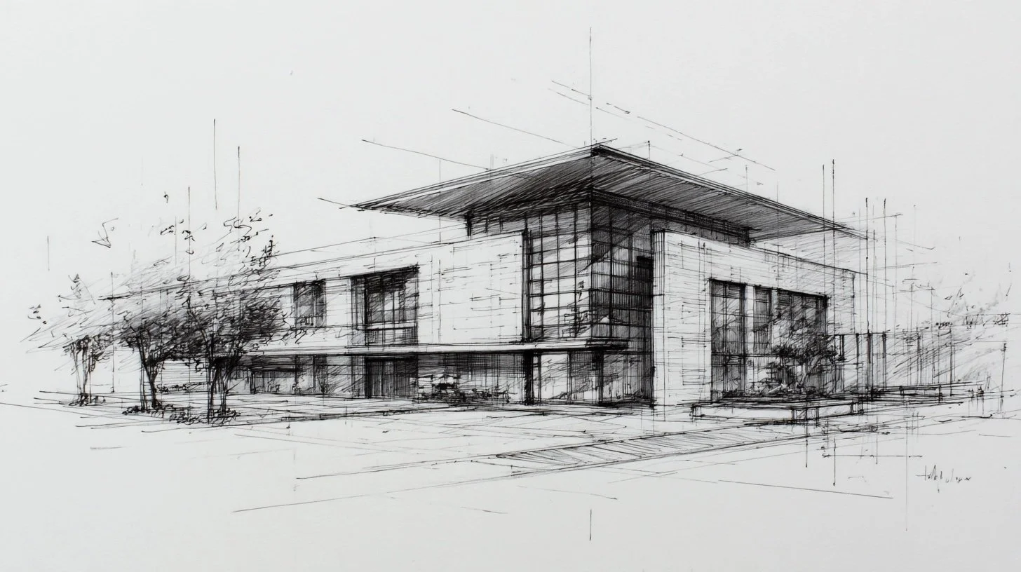 Architectural sketch of a modern multi-story building with trees in the front