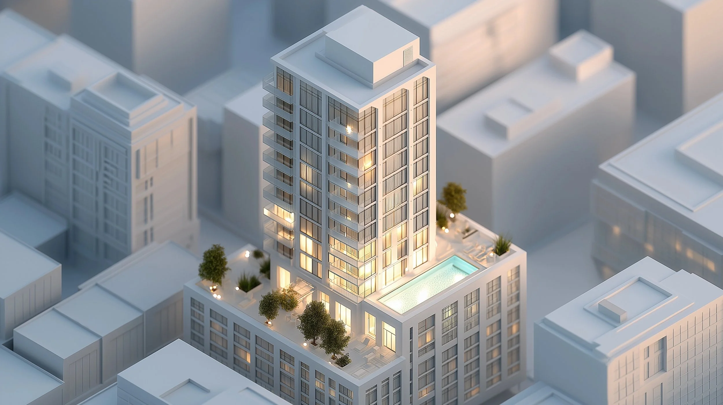 An architectural model of a modern high-rise building with a rooftop swimming pool and trees, surrounded by other white buildings.