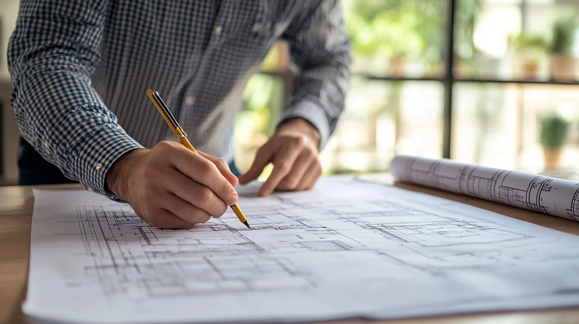 Person in checkered shirt working on architectural blueprints at a desk with large window and plants in the background.