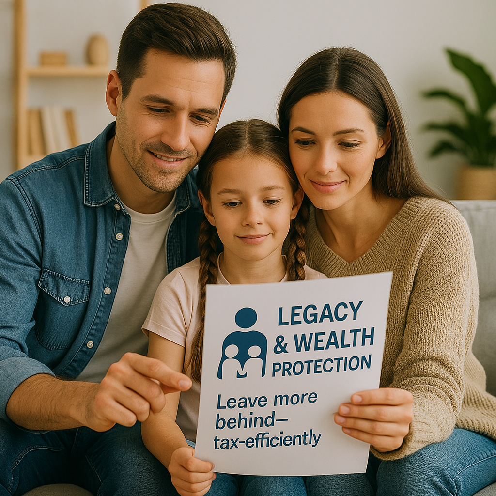Family of three, a man, woman, and young girl, sitting together on a couch holding a sign that reads 'Legacy & Wealth Protection' with text below 'Leave more behind - tax efficiently'.