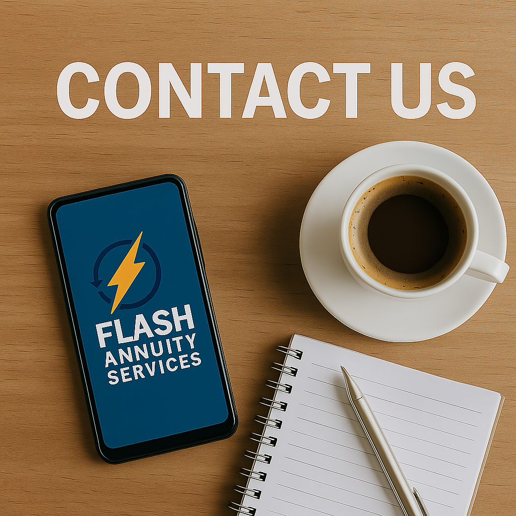 A smartphone displaying FLASH Income Services, a cup of coffee on a saucer, a wireless notebook and a pen, and a sign reading 'CONTACT US' on a wooden table.