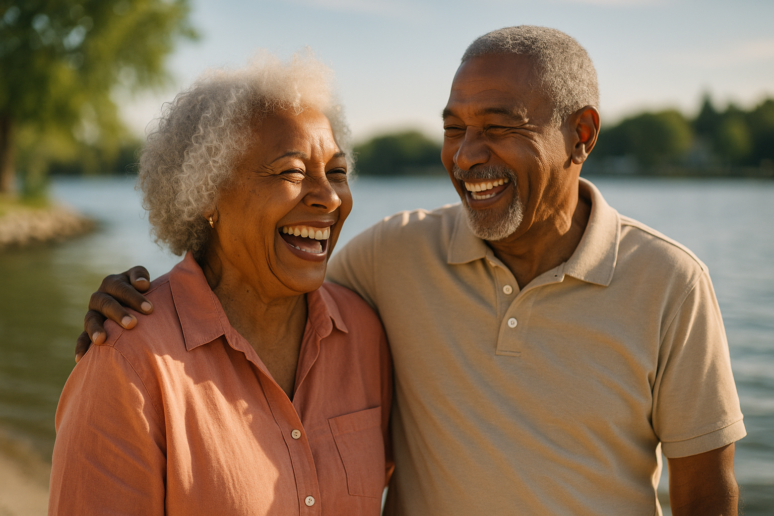 An elderly couple laughing and enjoying each other's company outdoors near a body of water on a sunny day.