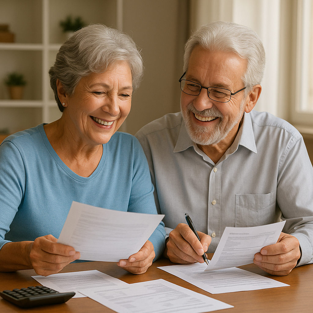 An elderly man and woman smiling while reviewing documents together at a table.