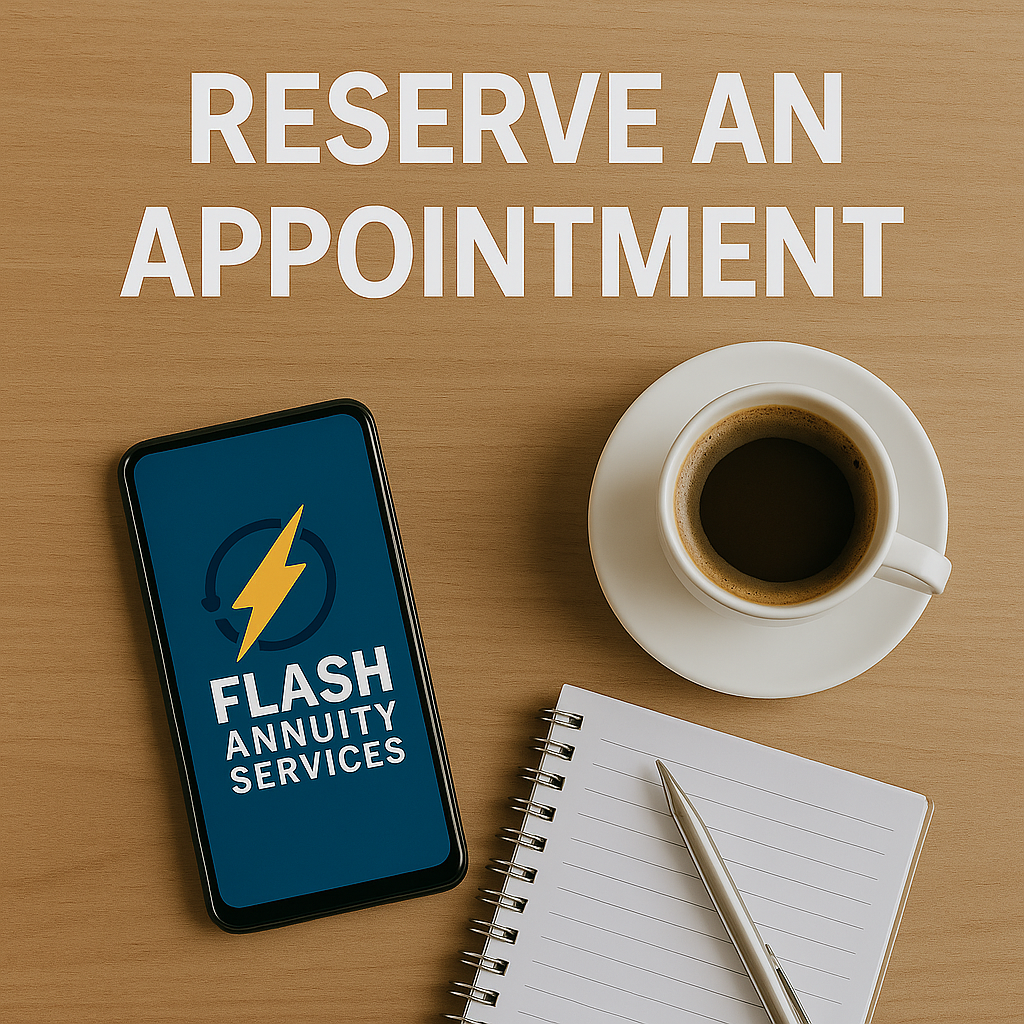 A smartphone displaying Flash Annuity Services, a cup of coffee on a saucer, a spiral notepad, and a pen on a wooden table with the text 'RESERVE AN APPOINTMENT' above.