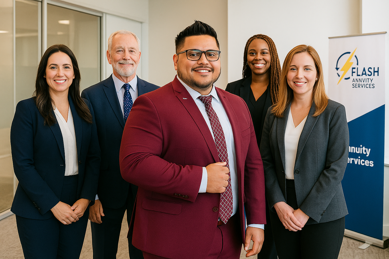 Group of five professionals in business attire standing together in an office, smiling, with a banner that reads "Flash Annuity Services" in the background.