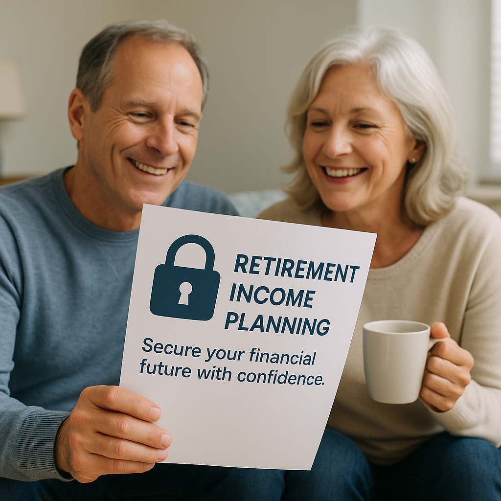 Smiling elderly couple sitting together, holding a sign that says 'Retirement Income Planning' with a lock icon and the message 'Secure your financial future with confidence,' while the woman holds a mug.