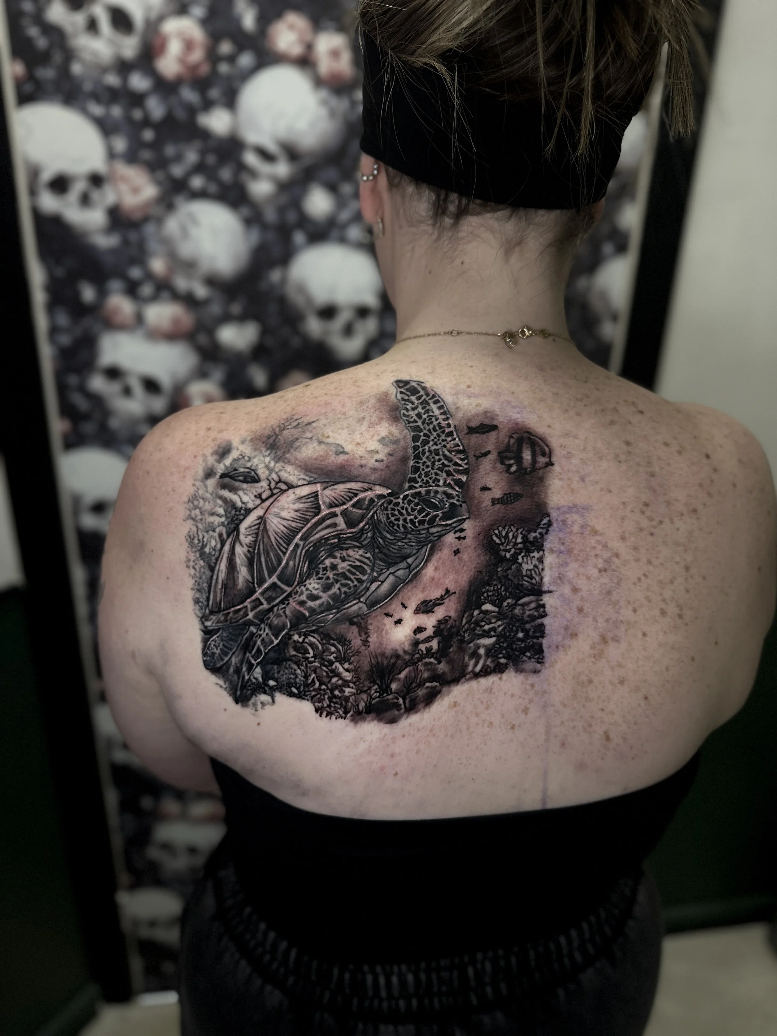 Back of a person with a large detailed tattoo of a turtle on their shoulder.