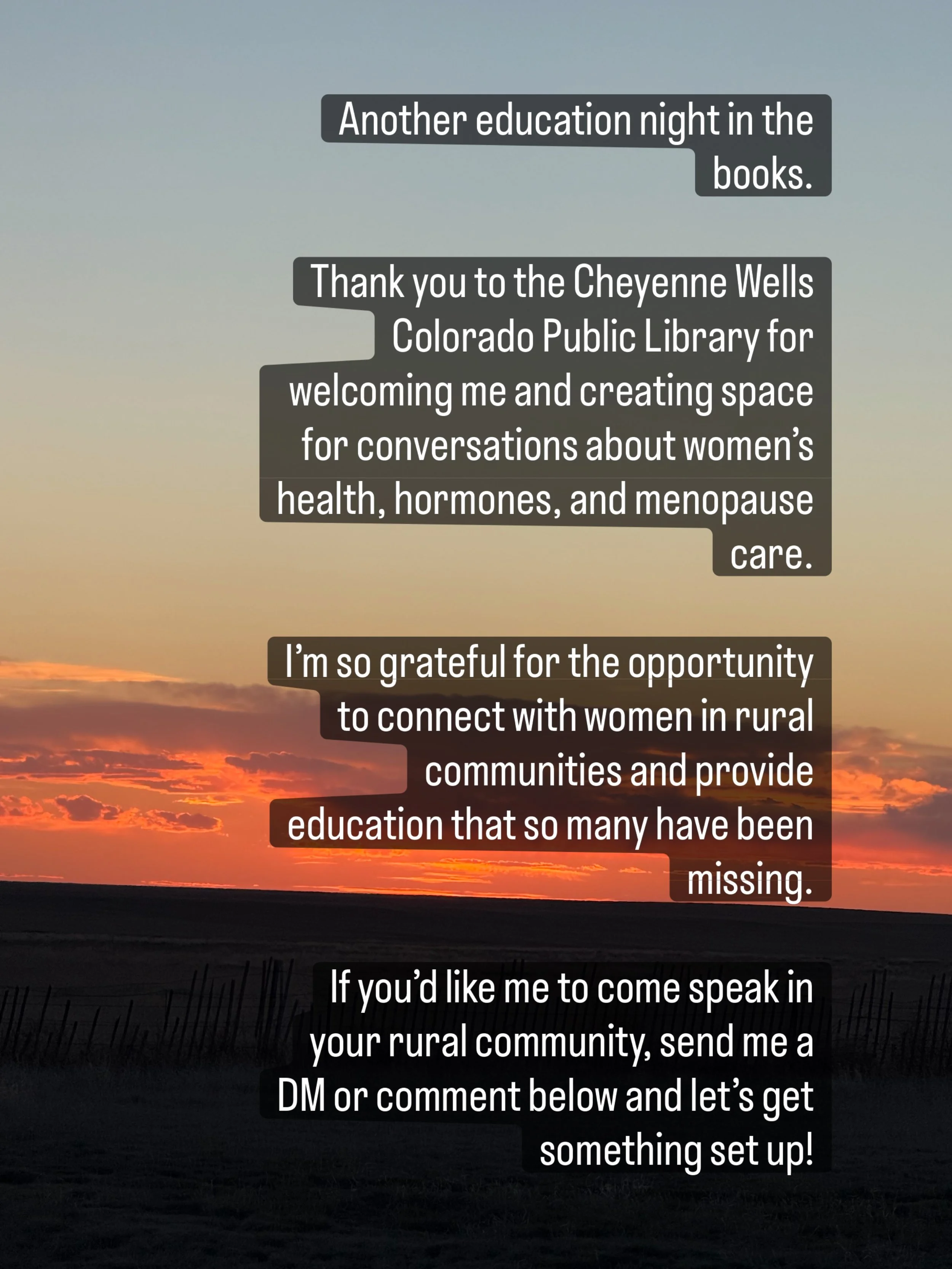 Small towns. Important conversations.

So grateful to continue bringing menopause and hormone education to women across Colorado.

Next stop: Broomfield tonight!

#menopause #ascendhormonecare #perimenopausesupport #menopauseeducation