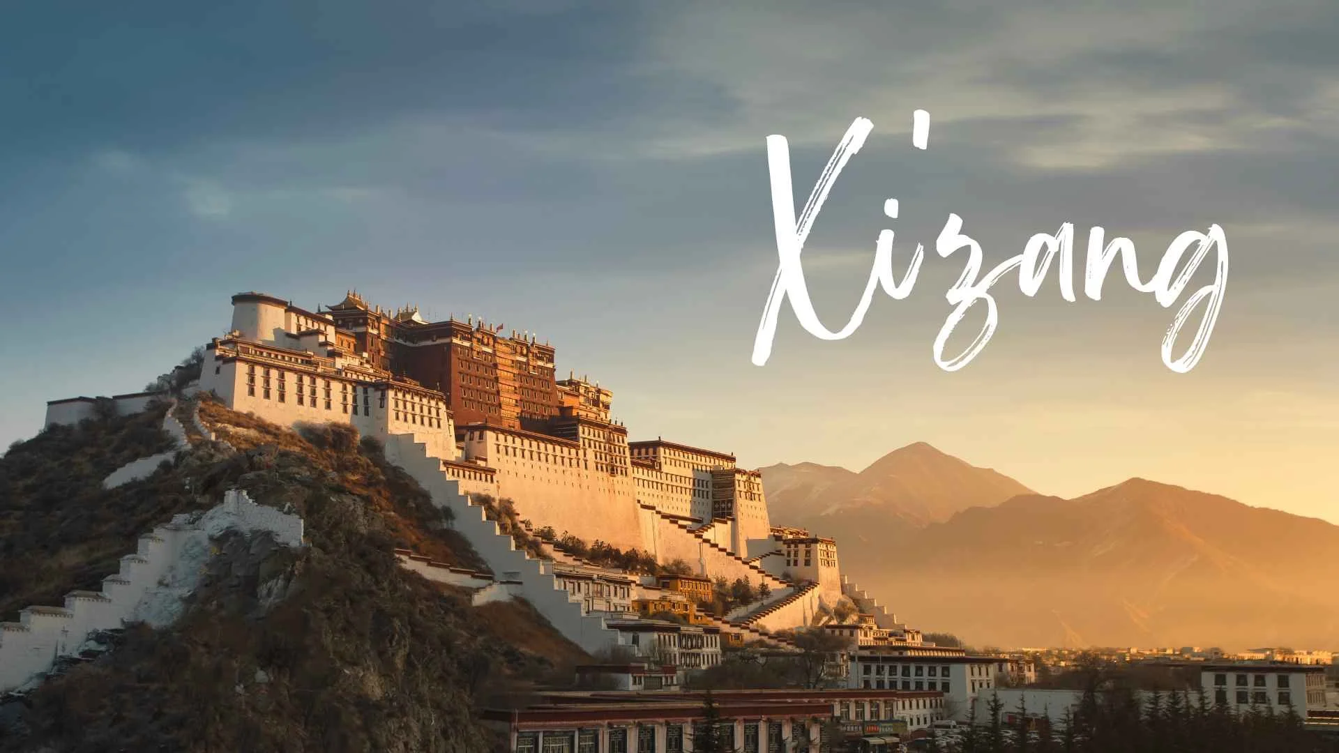 Sunset view of the Potala Palace on a hill in Lhasa, Tibet, with mountains in the background and the word 'Lhasa' written in cursive in the sky.