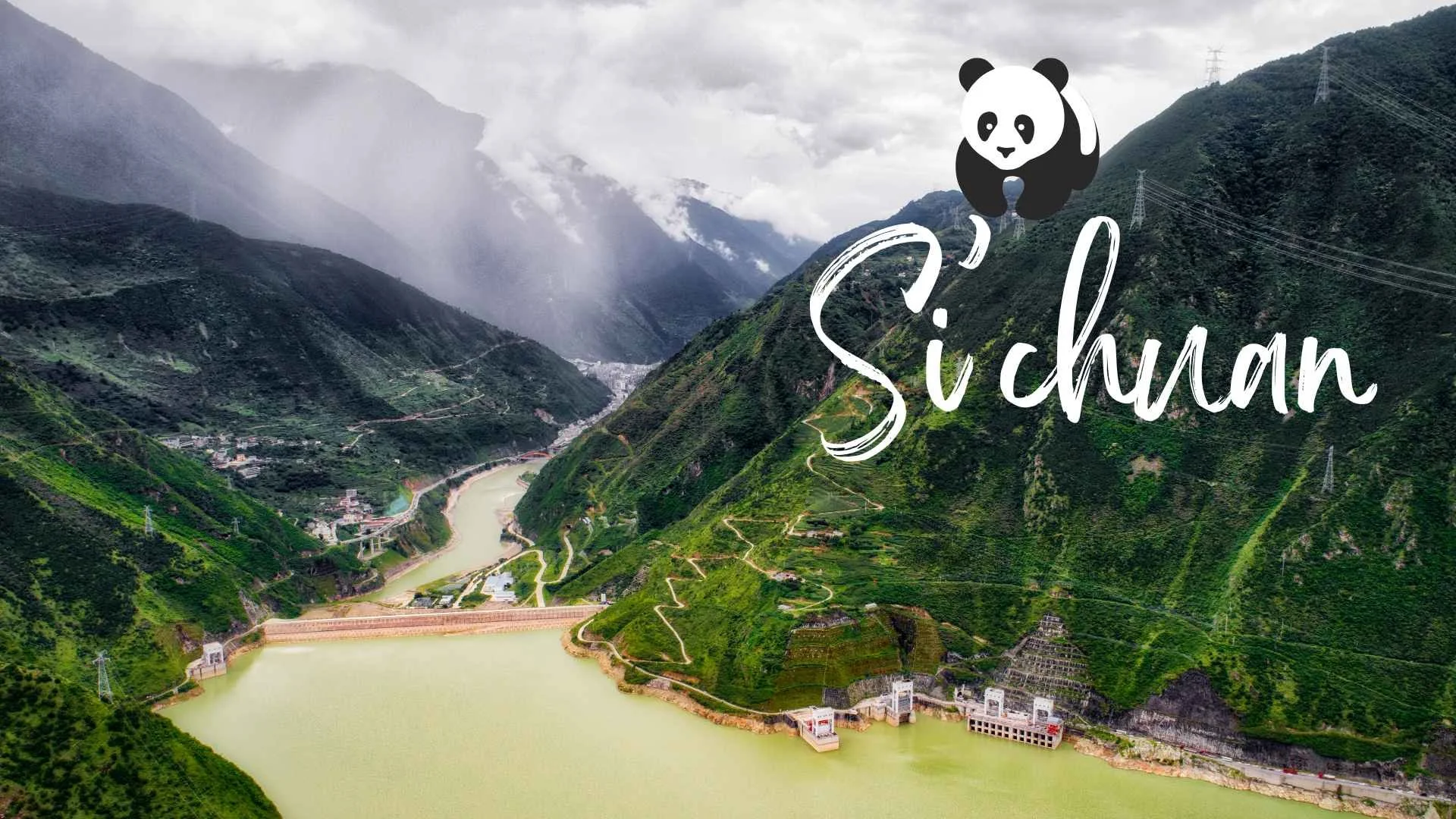 A dam on a lake surrounded by green mountains under cloudy sky, with the word 'Sichuan' and a panda graphic overlay.