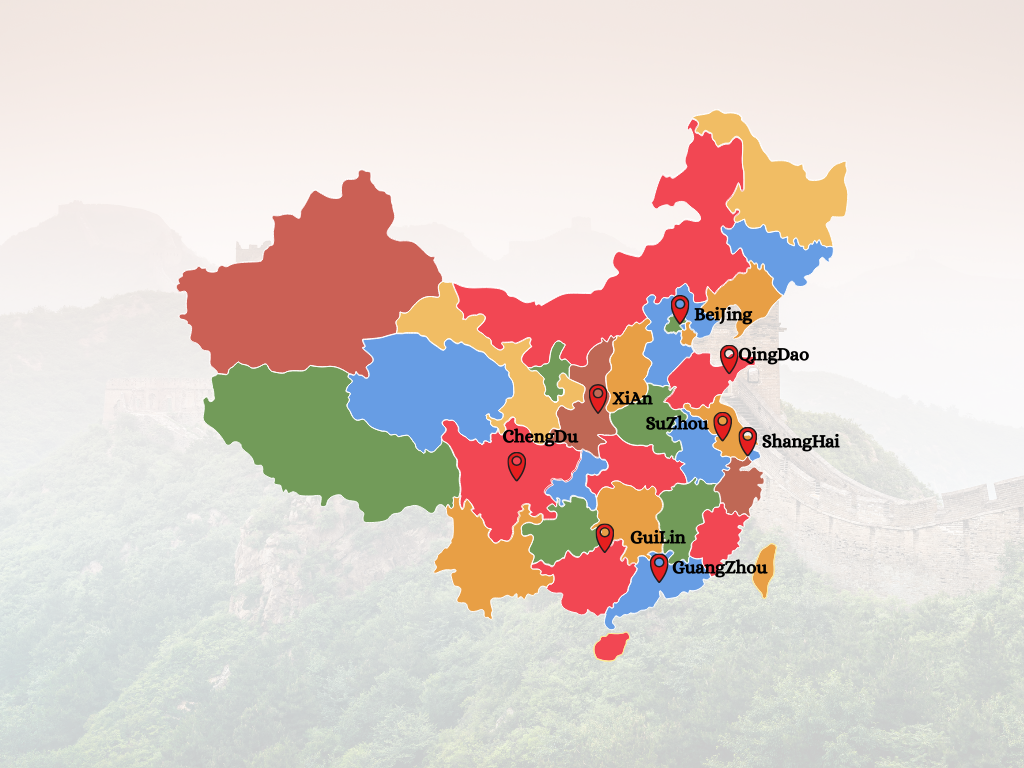 Color-coded map of China with marked cities including Beijing, Qingdao, Xi'an, Chengdu, GuiLin, Guangzhou, Suzhou, Shanghai, and others. Background shows the Great Wall of China and mountains.
