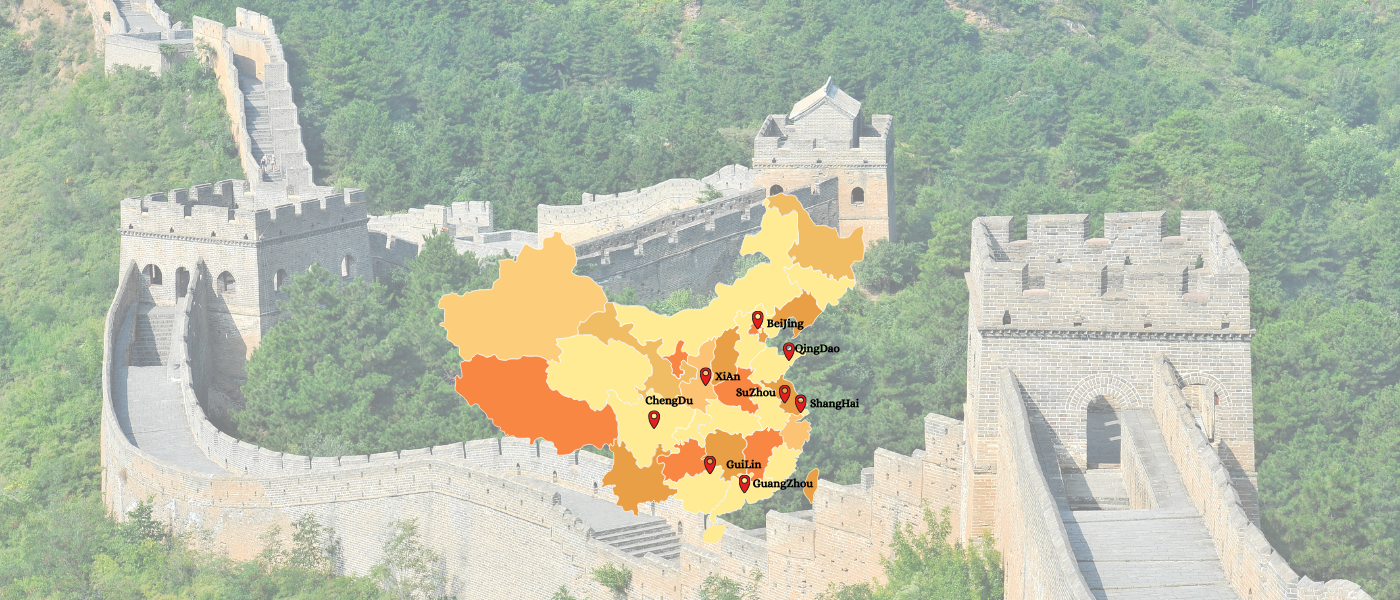 A map of China with the Great Wall of China in the background, highlighting major cities including Beijing, QingDao, XiAn, ChengDu, SuZhou, Shanghai, GuiLin, Guangzhou, and Zhou.