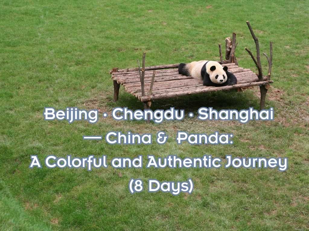 A panda lying on a wooden platform in a grassy field.