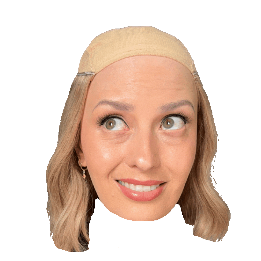 Close-up of a smiling woman with blonde hair, wearing a beige wig cap, against a bright green background.