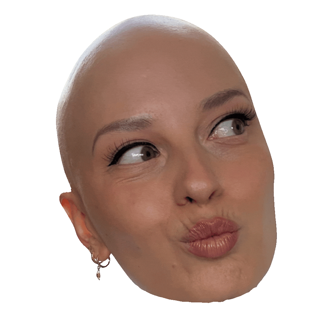 Close-up of a woman's face with a bald head, making a duck face expression, against a green screen background.