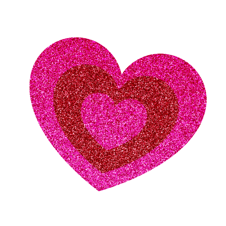 Three concentric glittery pink and red hearts on a white background.