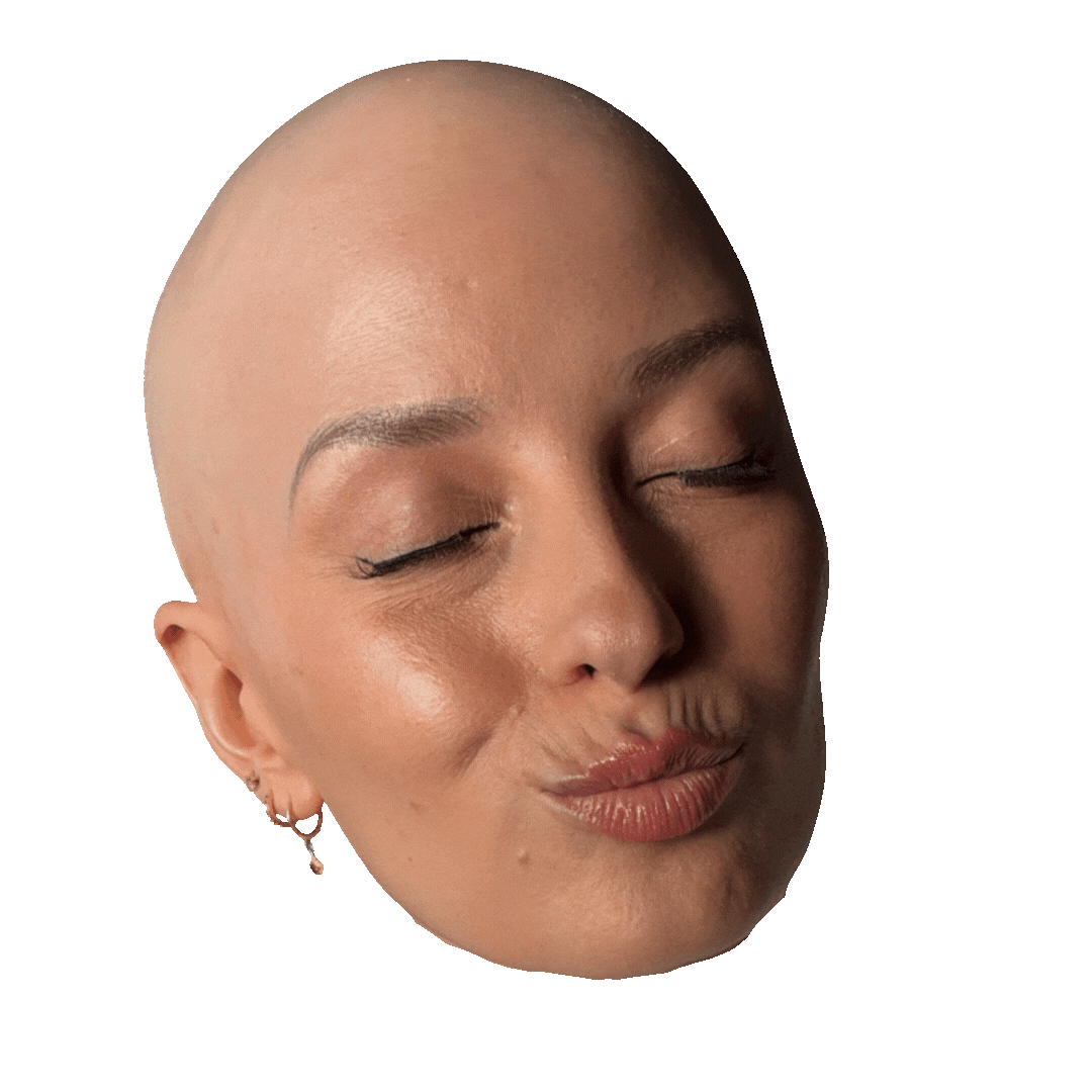 A digital illustration of a bald woman's face with her eyes closed and lips puckered, set against a plain gray background.