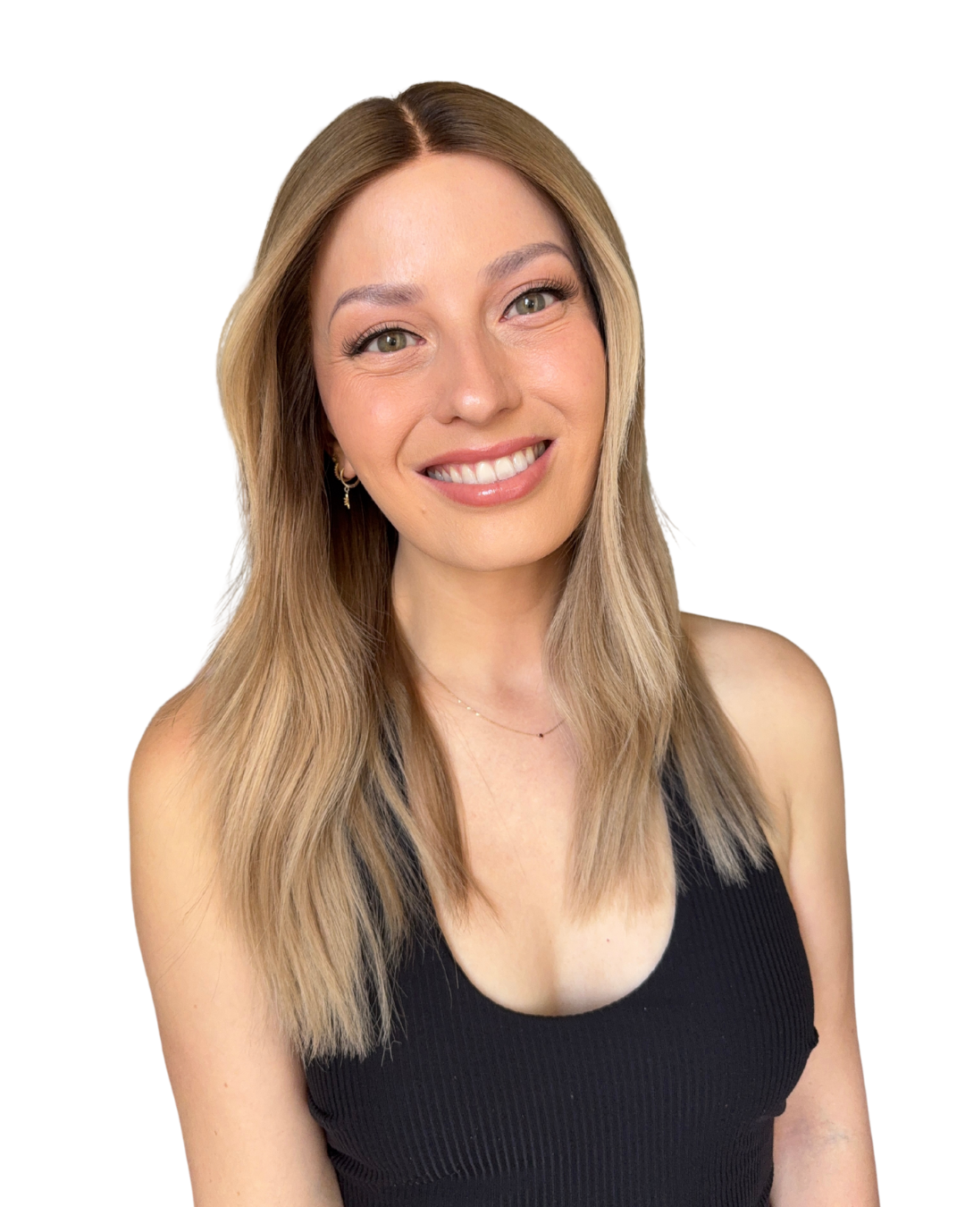 A young woman with long blond hair, smiling, wearing a black sleeveless top and small earrings, against a background with dark blue and olive-green sections.
