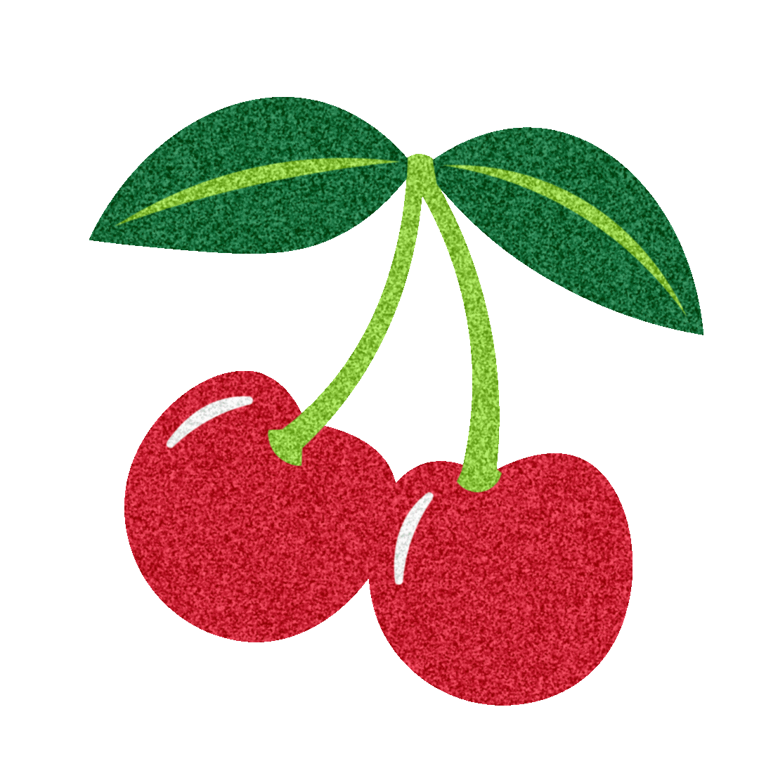 Illustration of two red cherries with green leaves and stems on a light green background.
