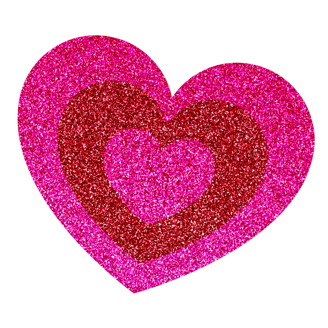 Glittery pink, red, and hot pink hearts layered on black background.