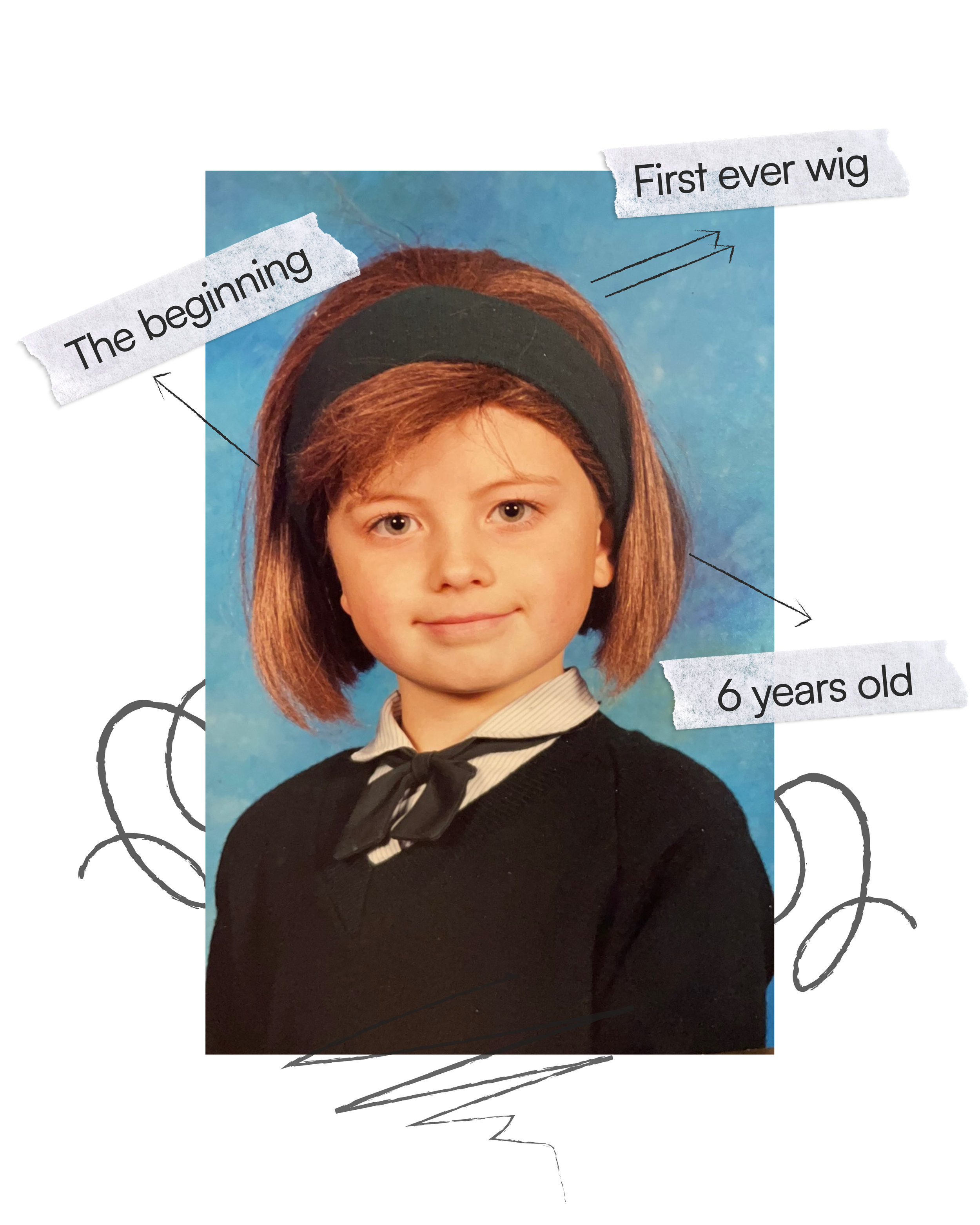A young girl with shoulder-length brown hair, wearing a black headband, a black sweater, and a white collared shirt with a black ribbon tie, smiling against a blue background.