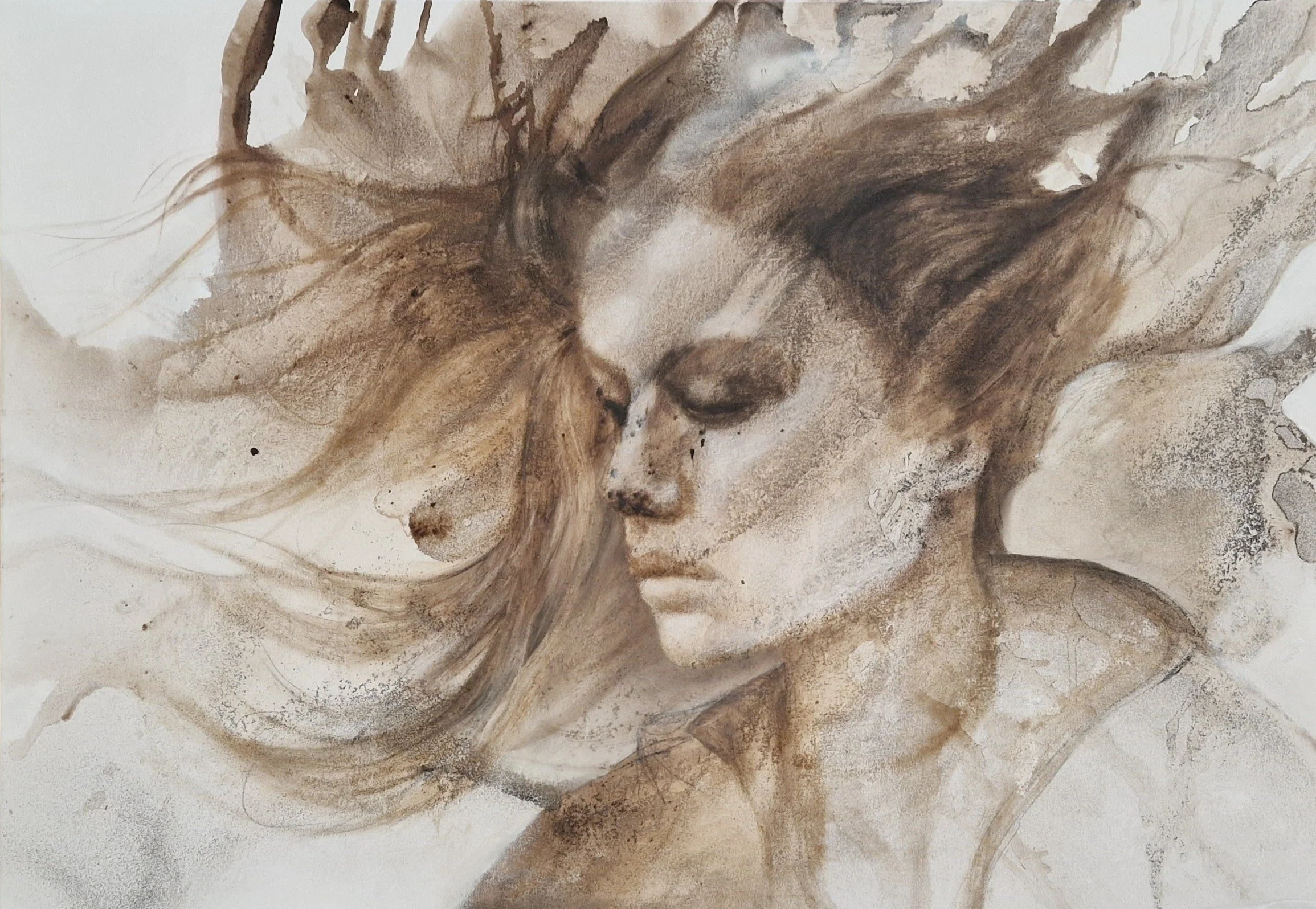 A watercolor painting of a woman and a dog, both with eyes closed and nose to nose, sharing a tender moment.