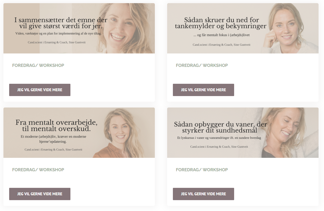 Four promotional banners for workshops featuring a woman smiling, with Danish text about mental health, work, and habits, and a button labeled 'JEG VIL GERNE VIDE MERE'.