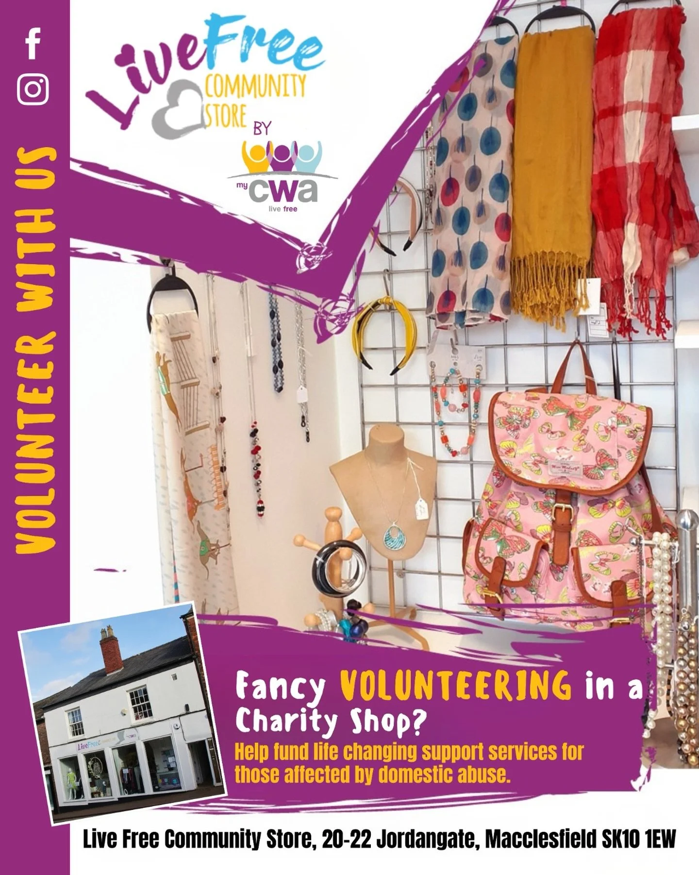 Fancy volunteering in a charity shop? 💜
My CWA&rsquo;s Live Free Community Store is looking for a retail shop volunteer to support their Macclesfield charity shop.

All money raised at the shop funds the support services provided by My CWA - Cheshir