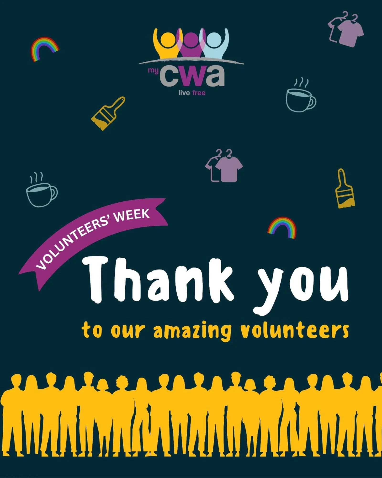 Volunteers are the backbone of MyCWA. 💜
As part of Volunteers&rsquo; Week, we want to take a moment to thank the incredible people who give their time, skills and energy to support our work.
 
Today, we&rsquo;re recognising the volunteers who suppor