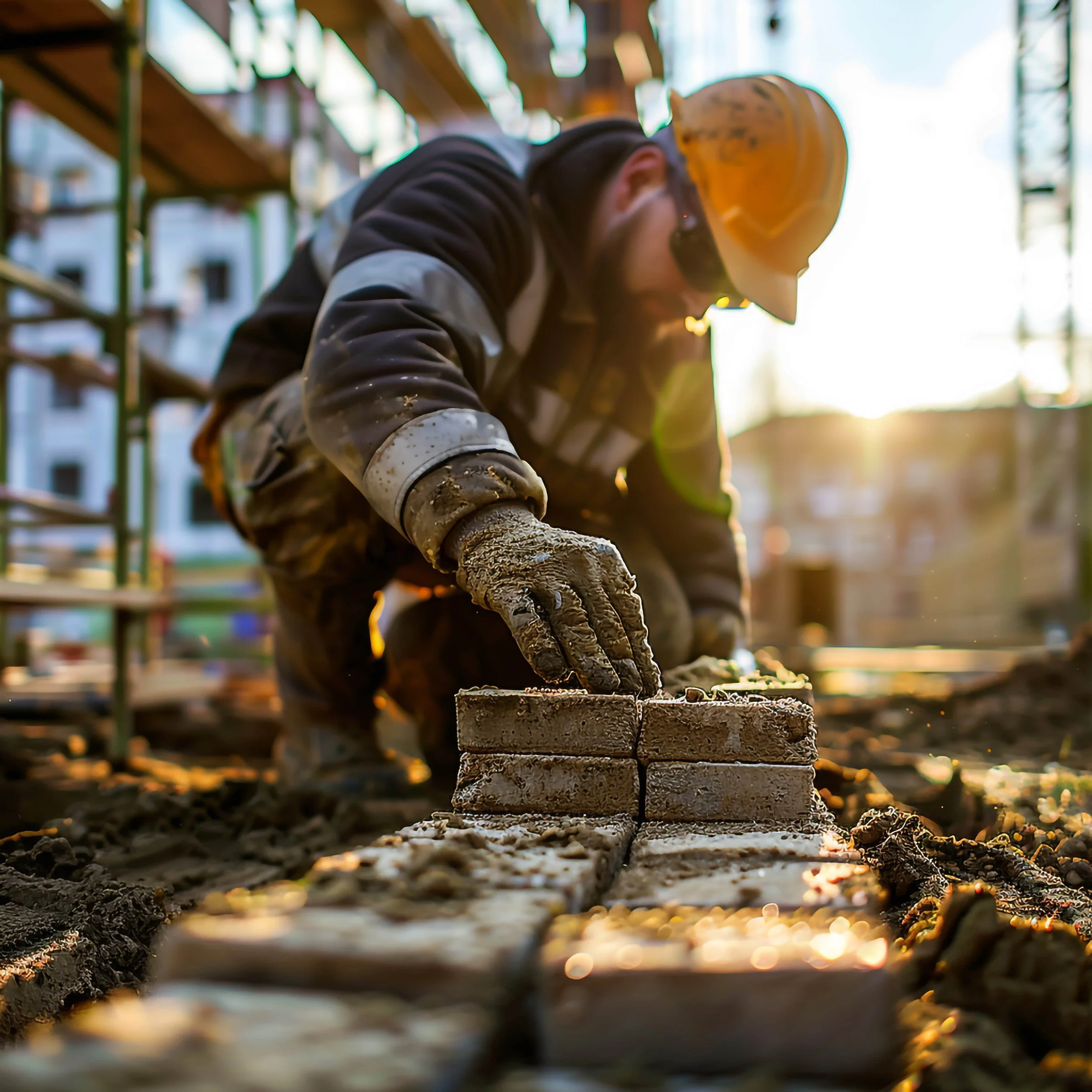 Construction worker wearing a yellow hard hat and safety gloves, laying bricks at a construction site during sunset.