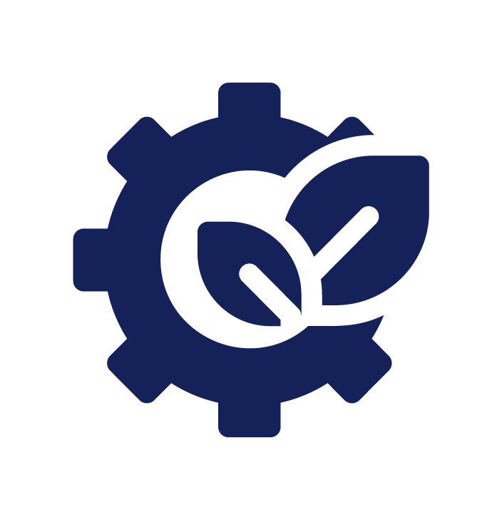 Gearwheel icon with leaves, representing eco-friendly or sustainable technology.