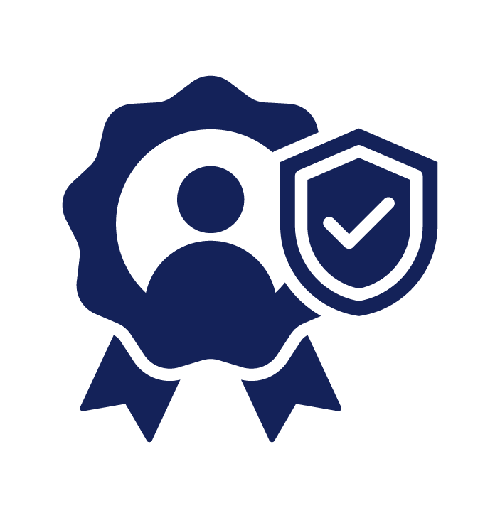 Icon of a person silhouette with a shield containing a check mark, representing user security or protection.