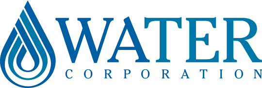 Water Corporation logo with a stylized water droplet and the words 'Water Corporation' in blue text.