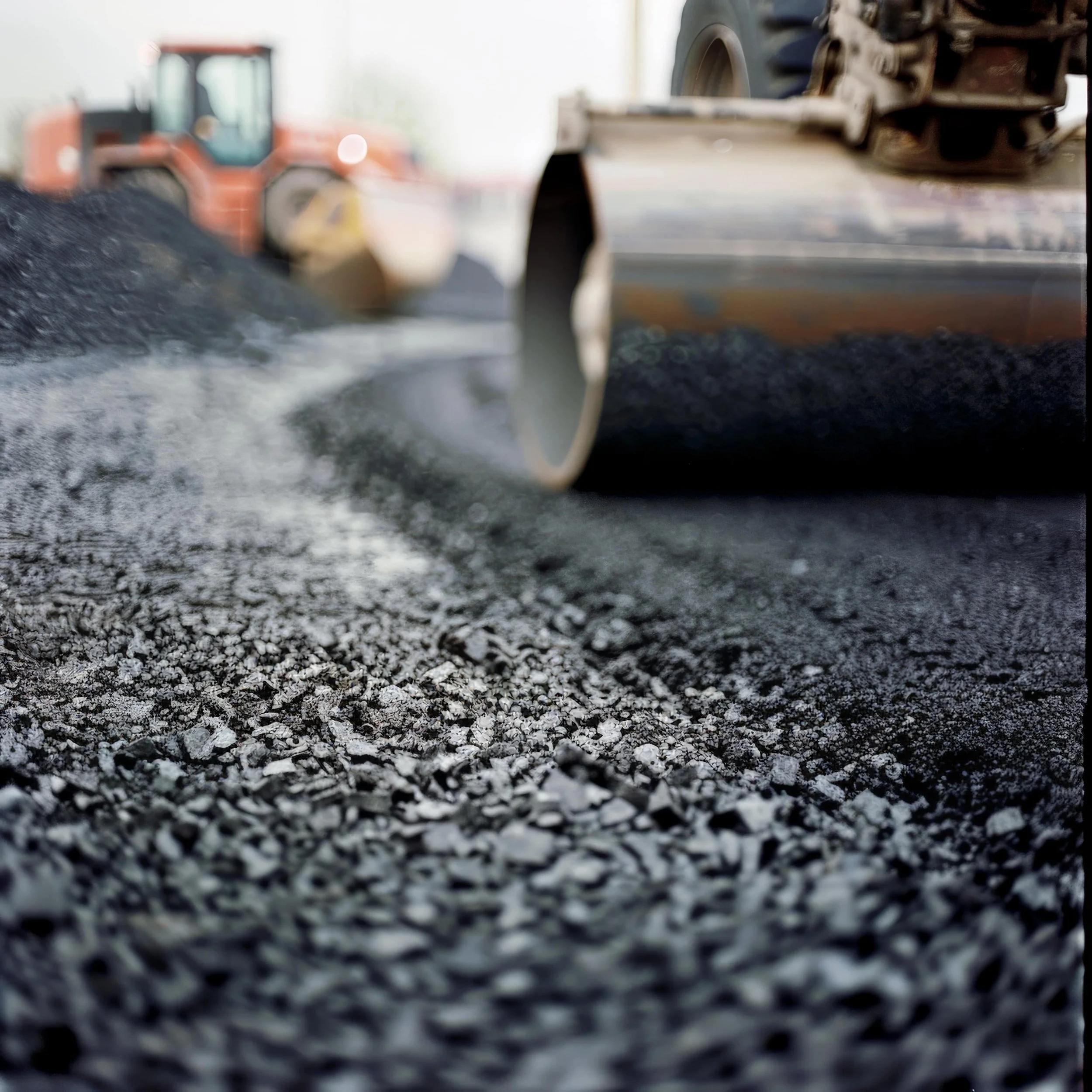 A road roller compacts gravel or asphalt with a large drum roller, with a blurred construction vehicle in the background.