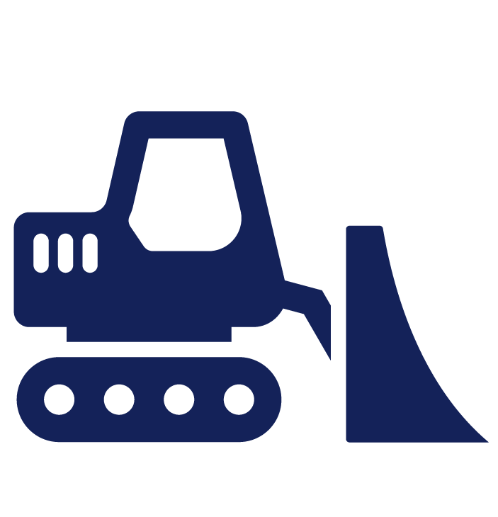 Icon of a bulldozer with a scoop and tracks, shown in dark blue.