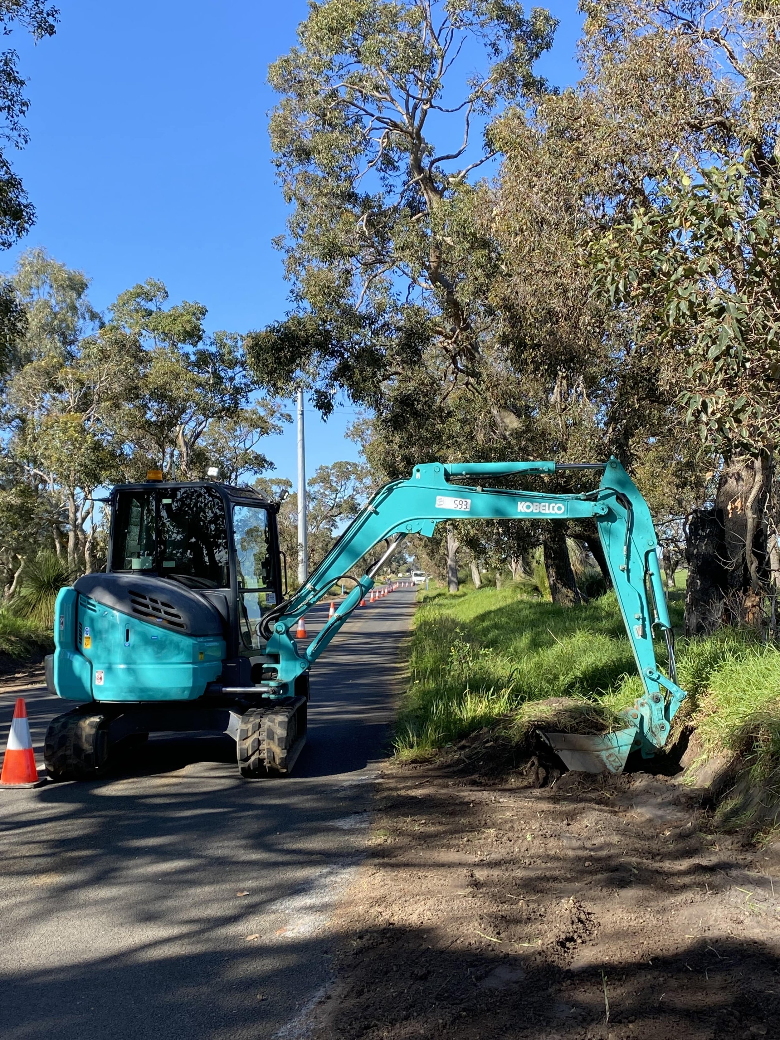 A small blue excavator digging into the ground beside a road lined with tall trees and traffic cones.