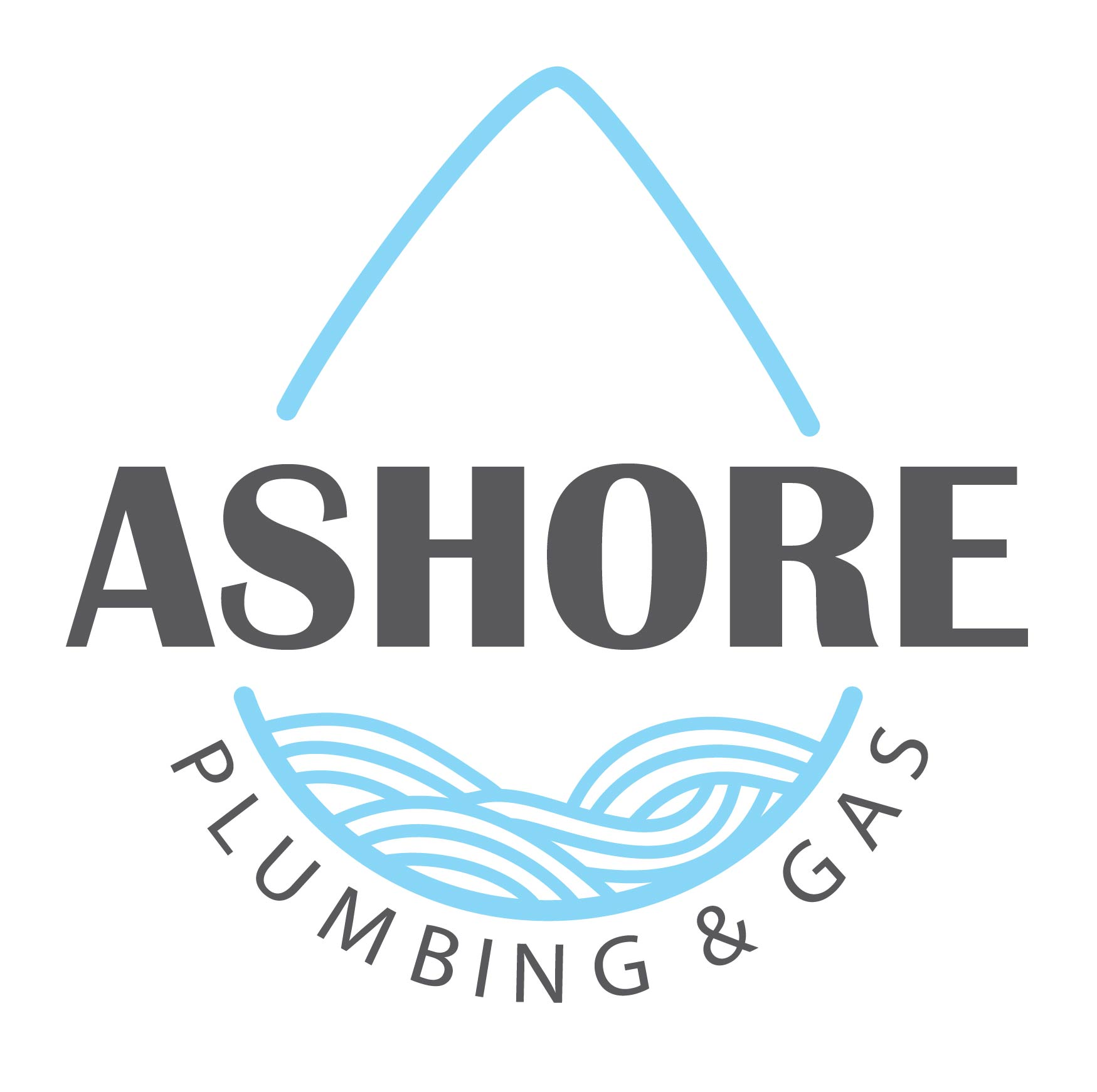 Logo for Ashore Plumbing & Gas featuring a water droplet outline with waves inside and the company name in bold letters.