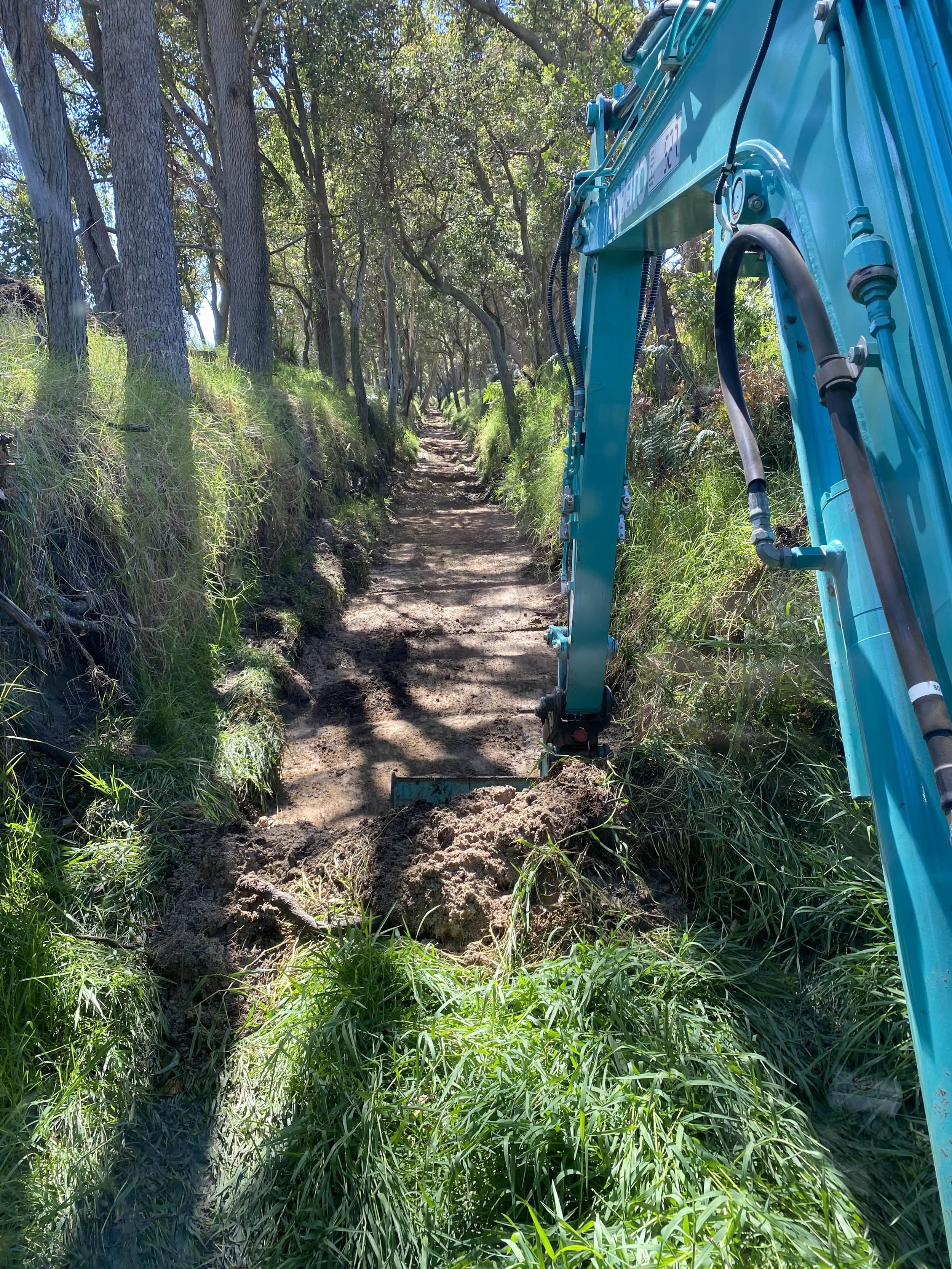 A blue excavator digging a trench or path through a forested area with trees and green grass.