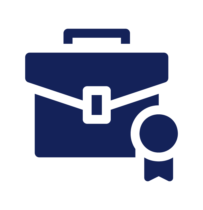 Icon of a briefcase with a ribbon or medal attached.