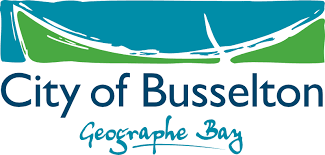 Logo of the City of Busselton featuring a stylized green and white boat over blue and green background with the text 'City of Busselton' and 'Geographe Bay'.