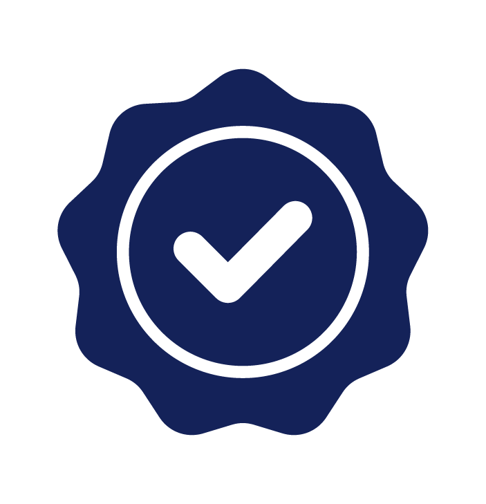 A dark blue badge with a white checkmark in the center.