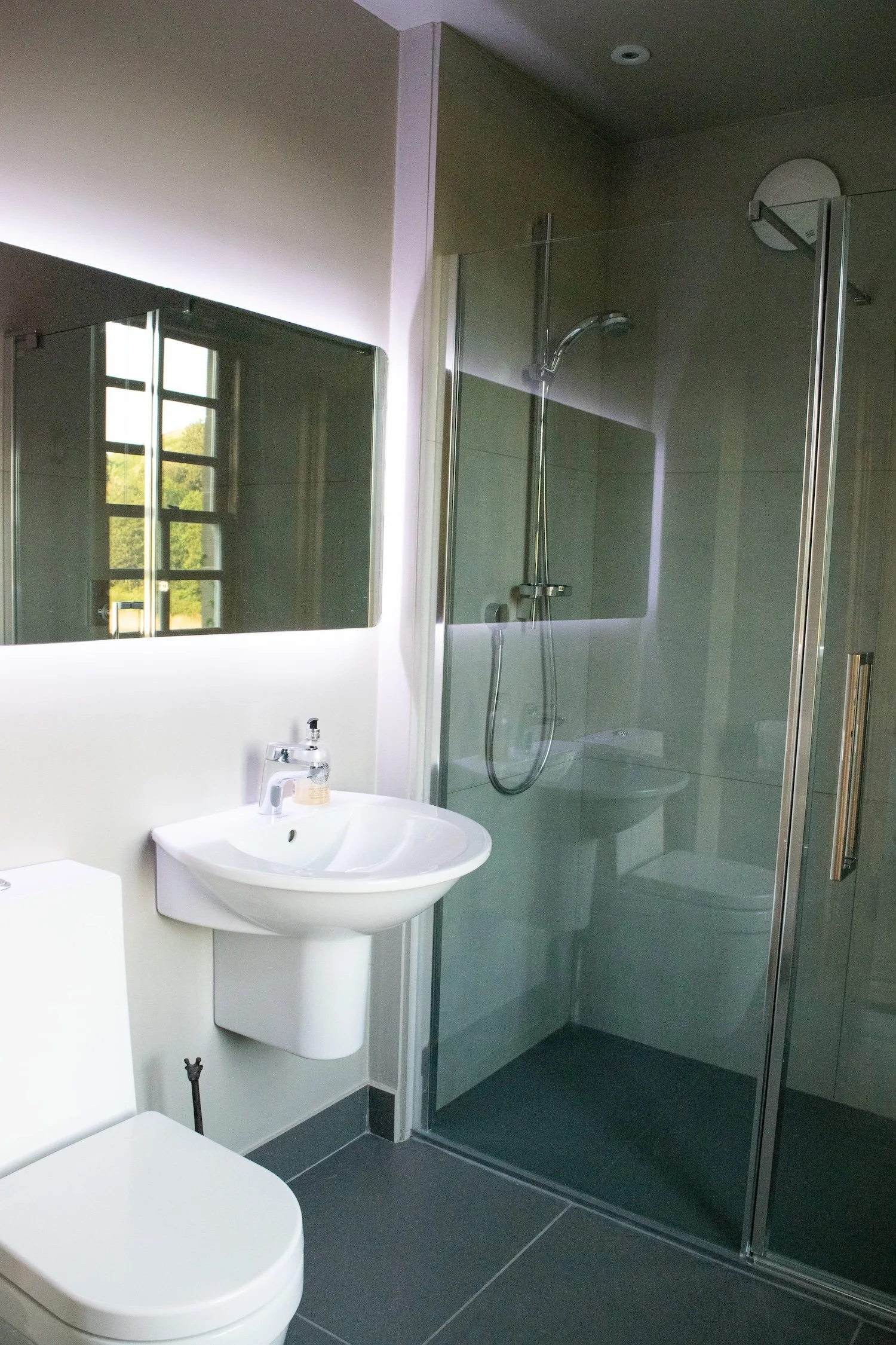 A modern bathroom with a white toilet, a small white sink with a silver faucet, a large mirror, and a glass-enclosed shower with a handheld showerhead. A window with a grid pattern is reflected in the mirror, showing outdoor greenery.